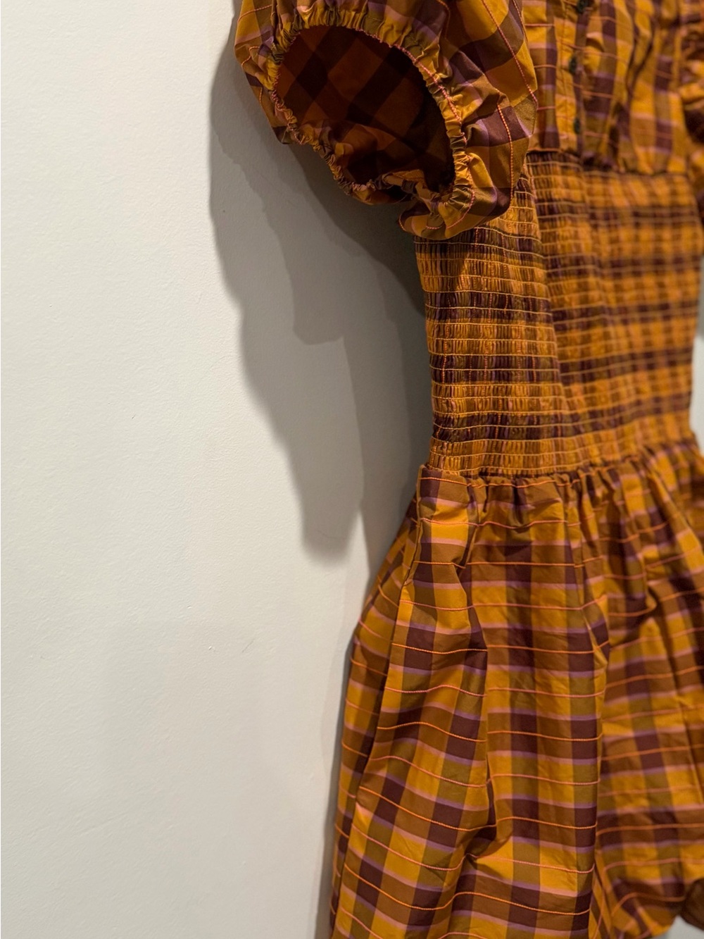 MAEVE Anthropologie Puff-Sleeve Smocked Elastic Romper Brown Orange Plaid Sz. L - Picture 3 of 7